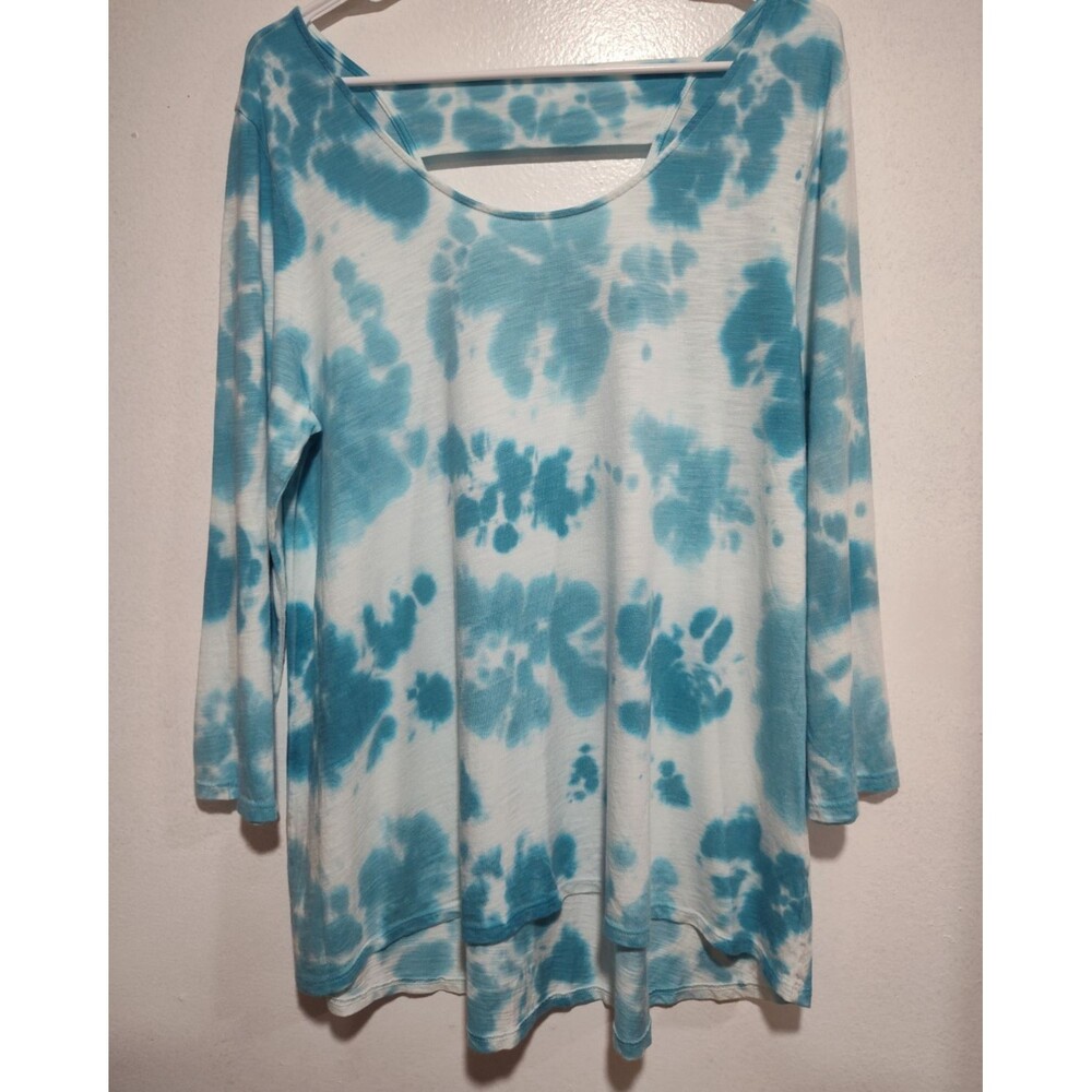 Soft Surrounding Womens Medium Tunic Blue/ White Tie-Dye Pullover Keyhole Back